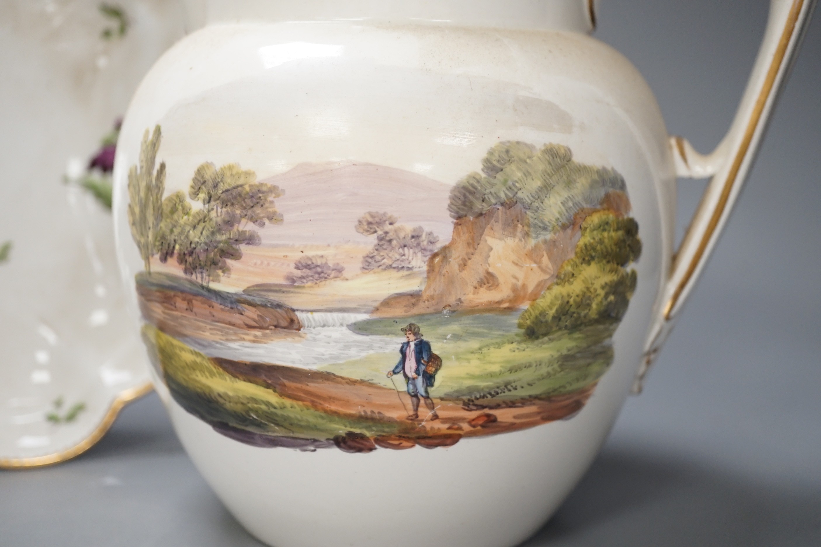 A Regency porcelain jug, 18cm high, and a Chamberlain's Worcester plate